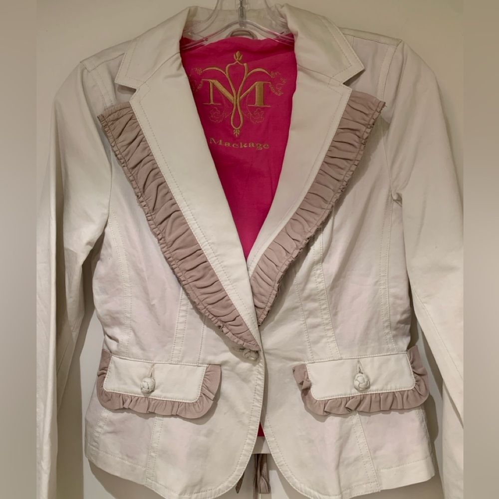 Mackage-Women's cotton & leather trim blazer (cream w/pink & gold lining-size S)